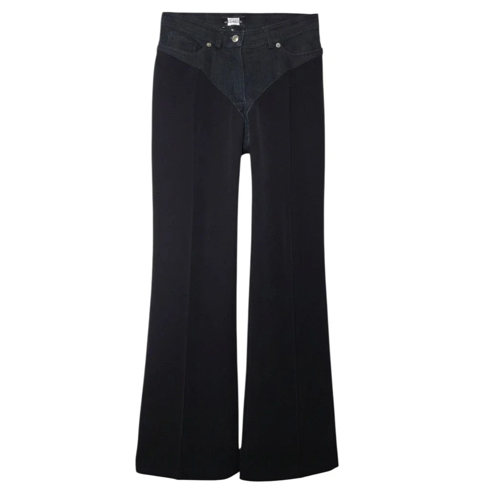 Nathalie Chaize Mixed Media Denim Wool Blend Wide Leg Trousers Black Blue Size 8 - Picture 2 of 8